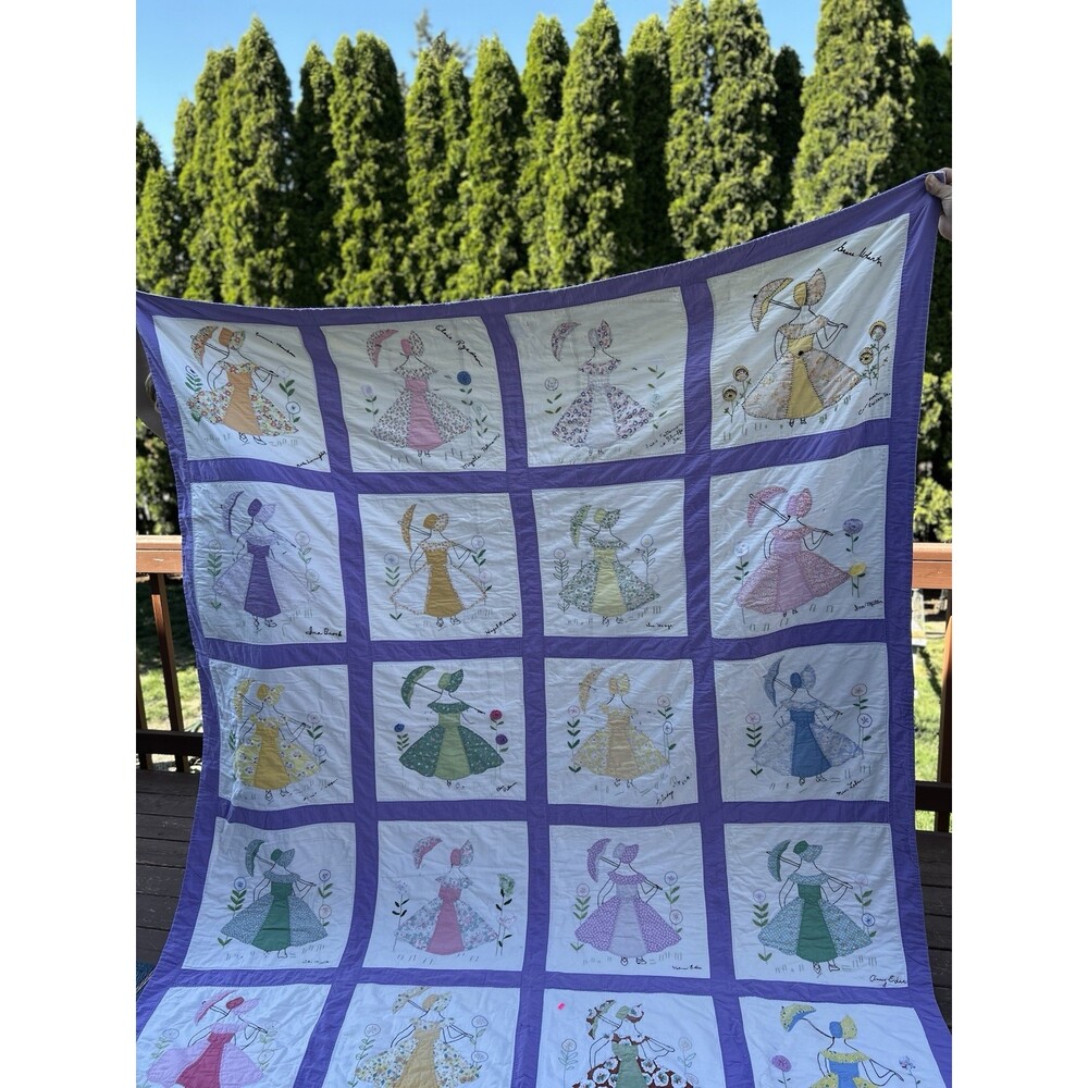 Vintage Handmade embroidered friendship quilt with Sun Bonnet Girls. 77” X 95”